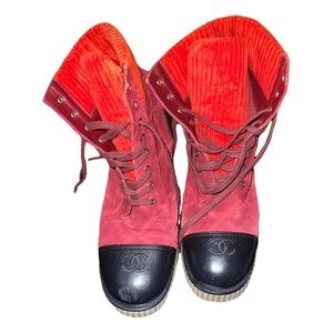 CHANEL Women's Red and Black Lace-Up Boots